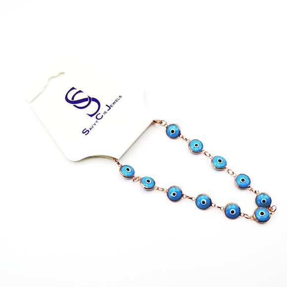 SAVVY CIE JEWELRY Sterling Silver Rose Gold Plated Blue Enamel Evil Eye Bracelet - Picture 3 of 5